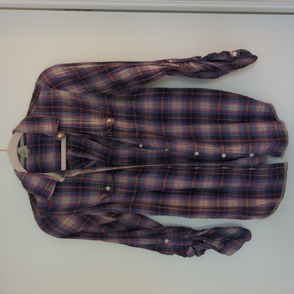 PINK women's plaid shirt with button detailing on the back